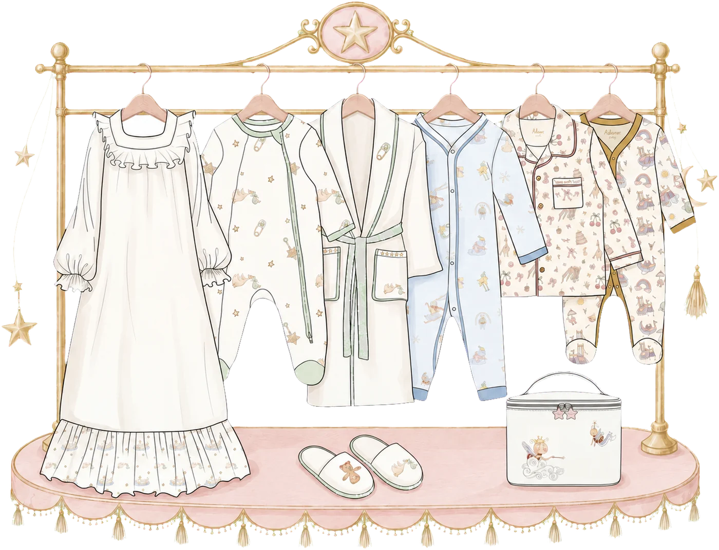 Adam Star sleepwear on a gold rail